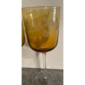 2 Vintage Gold Colored Wine Glasses with Etched White Flowers  #848